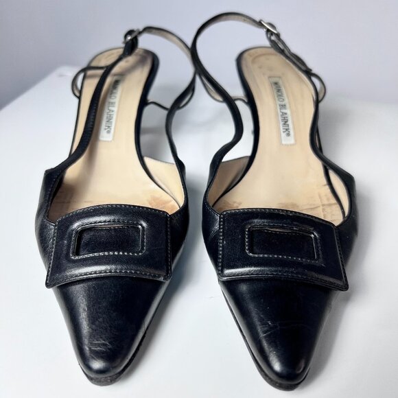 MANOLO BLALHNIK Black Maysli Buckle Slingback Pointed Toe Pumps 7US - Picture 1 of 7